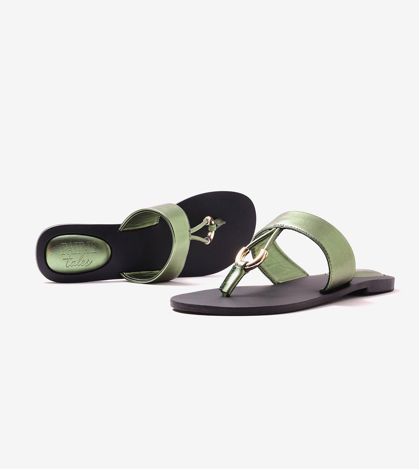 Color Block T-strap Flats - Metallic Green