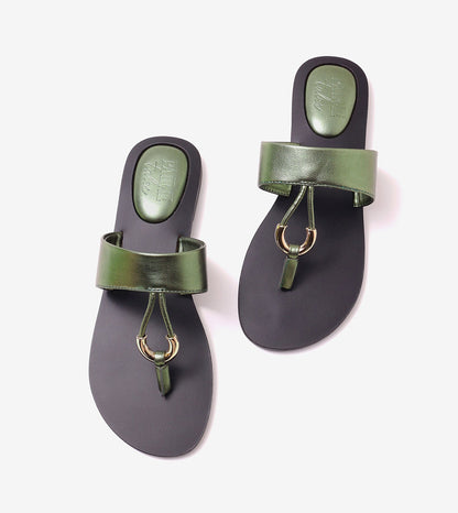 Color Block T-strap Flats - Metallic Green