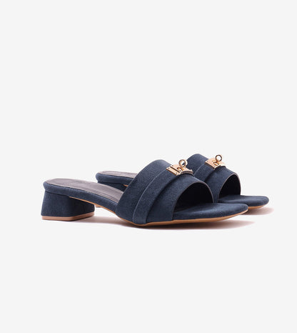 Classic Mules Block Heels - Navy Blue