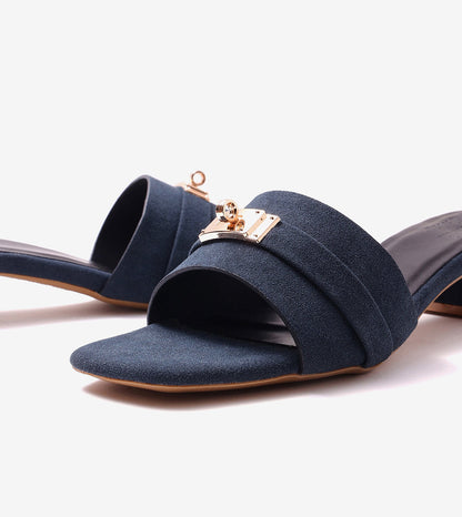 Classic Mules Block Heels - Navy Blue