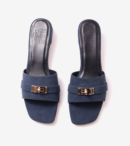 Classic Mules Block Heels - Navy Blue