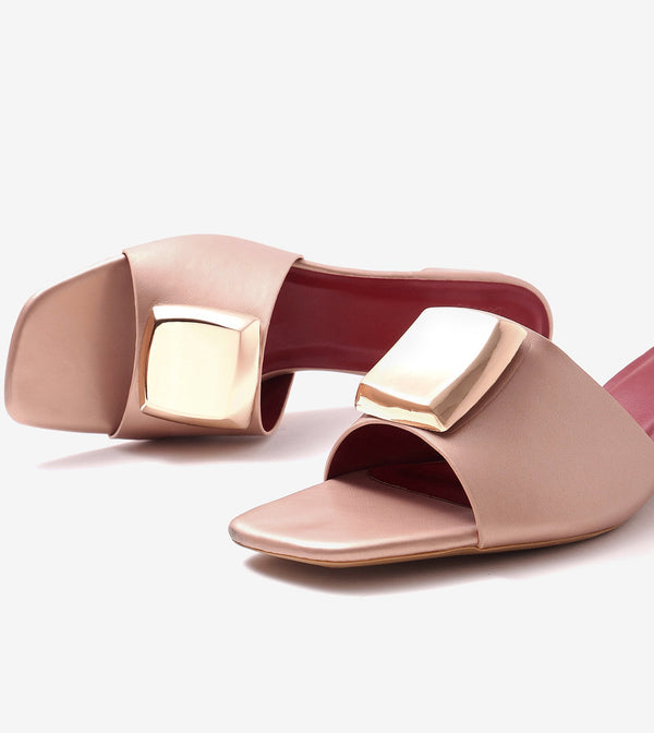 Embellished Detail Block Heels - Peach