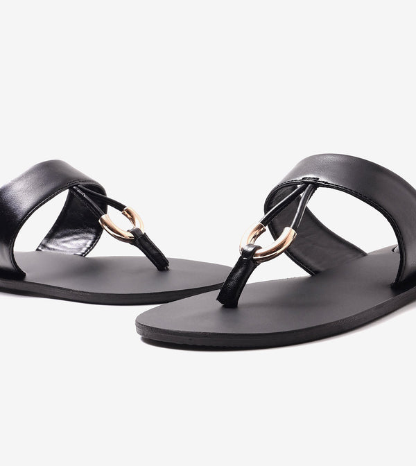 Color Block T-strap Flats - Black