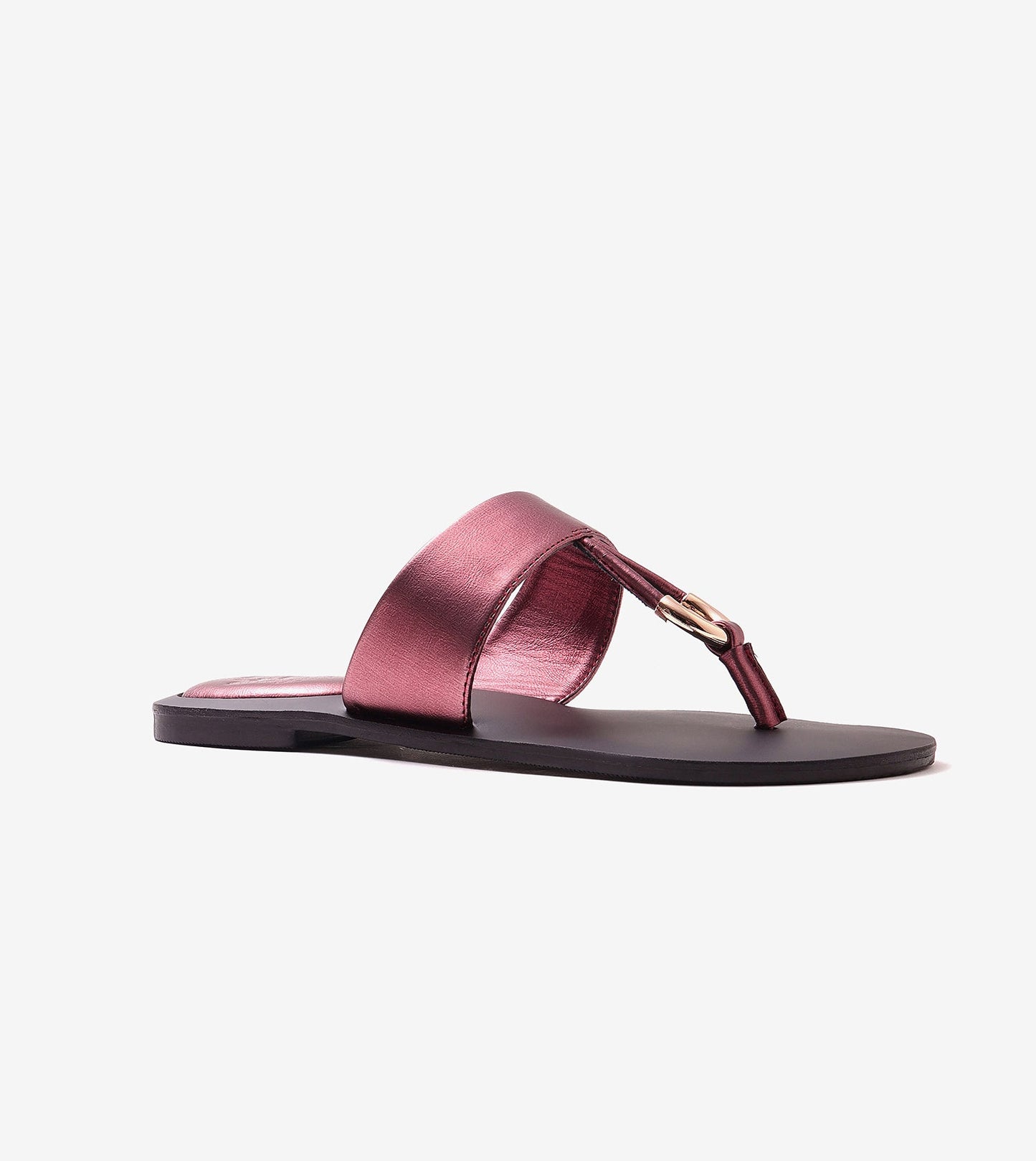 Color Block T-strap Flats - Metallic Maroon