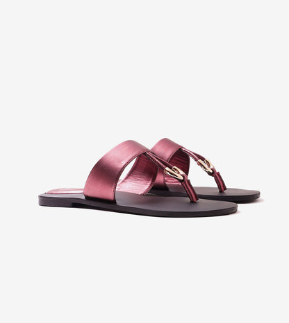 Color Block T-strap Flats - Metallic Maroon