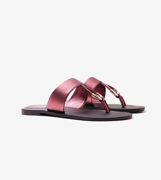 Color Block T-strap Flats - Metallic Maroon
