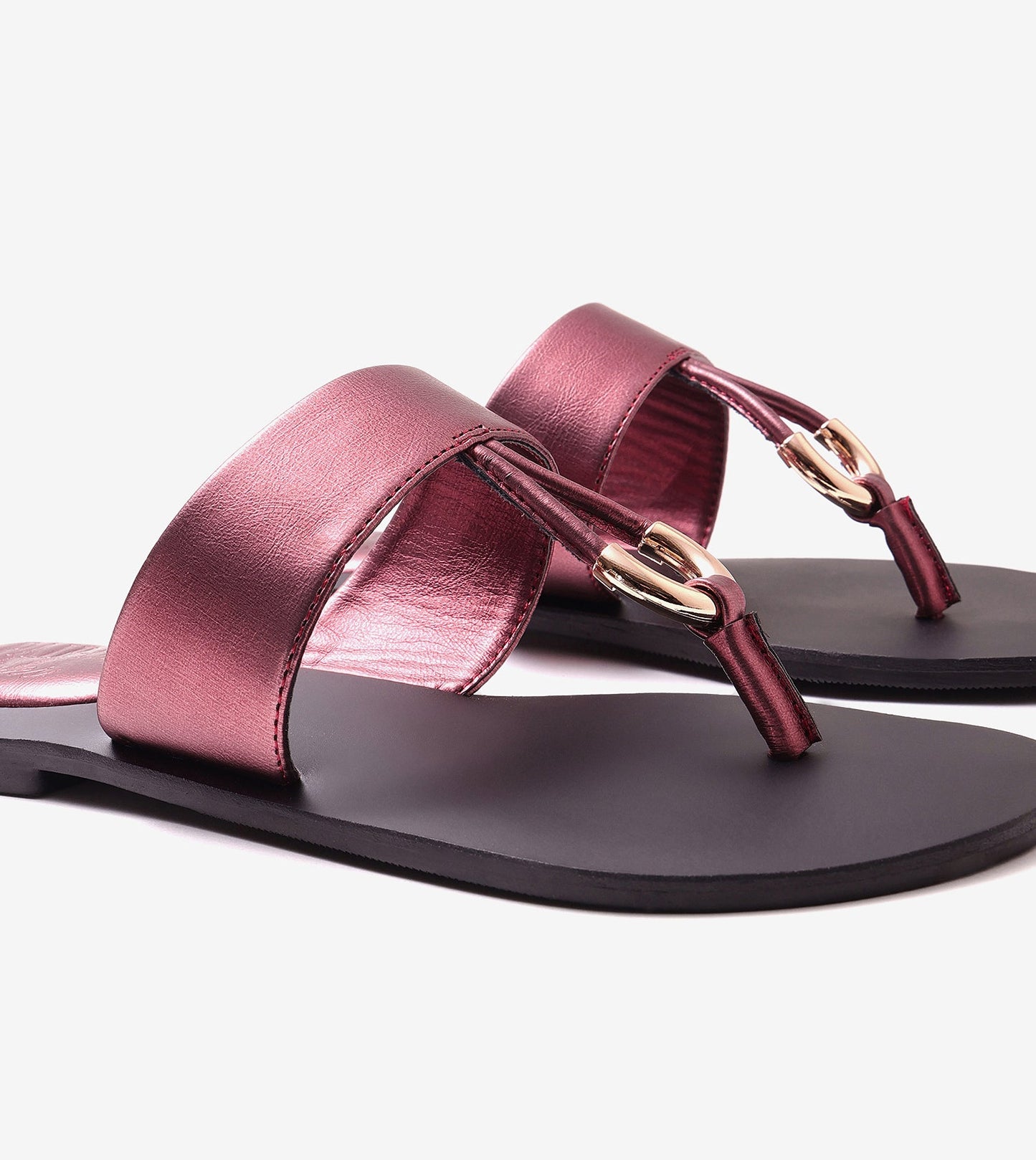 Color Block T-strap Flats - Metallic Maroon