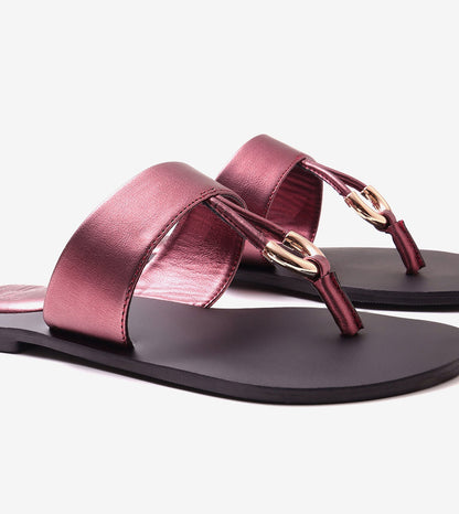 Color Block T-strap Flats - Metallic Maroon