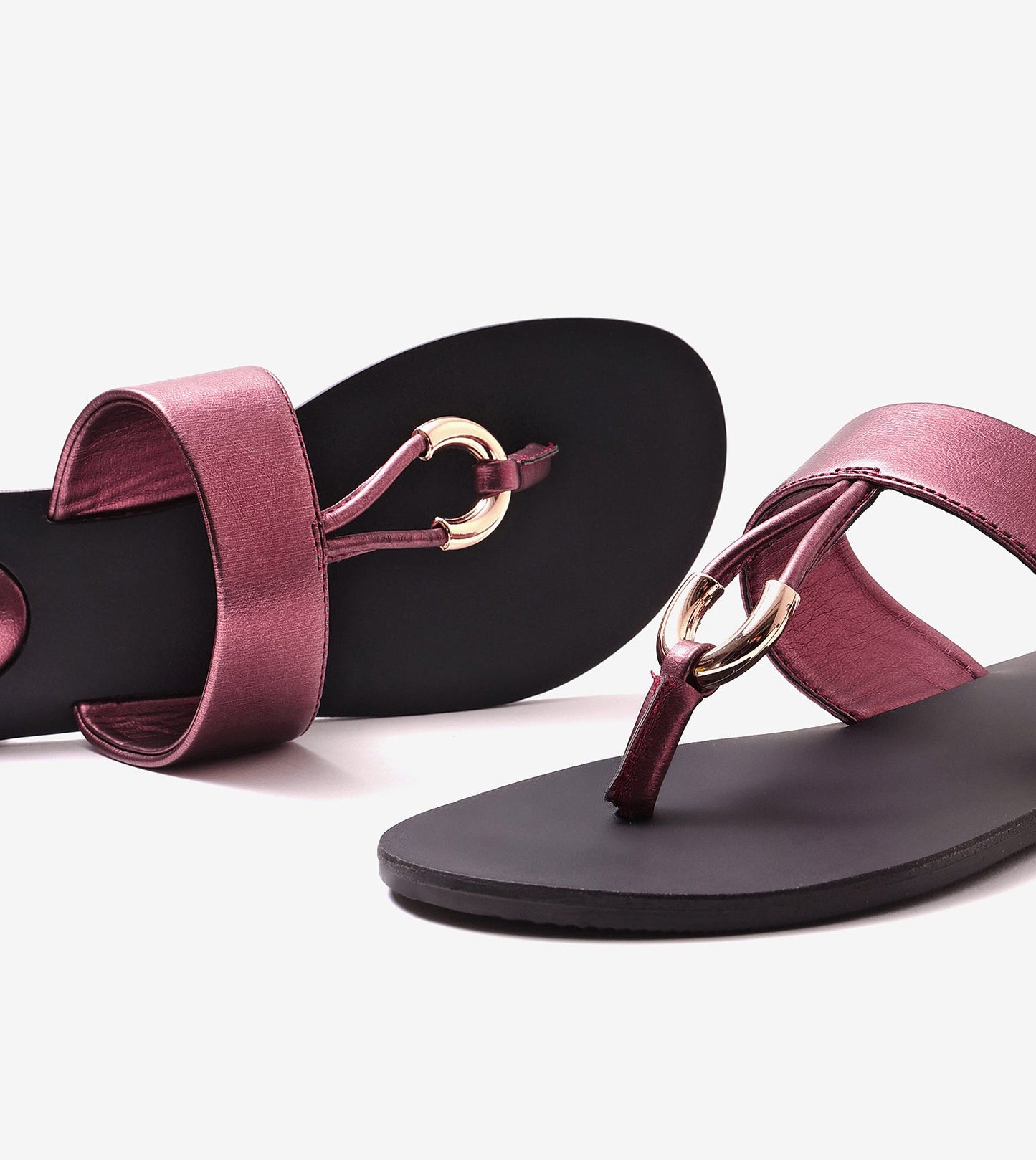Color Block T-strap Flats - Metallic Maroon