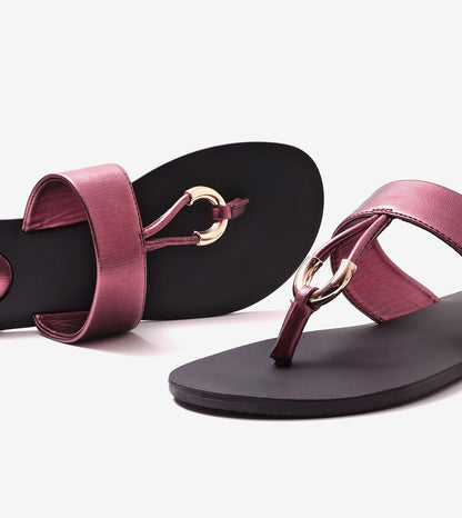 Color Block T-strap Flats - Metallic Maroon