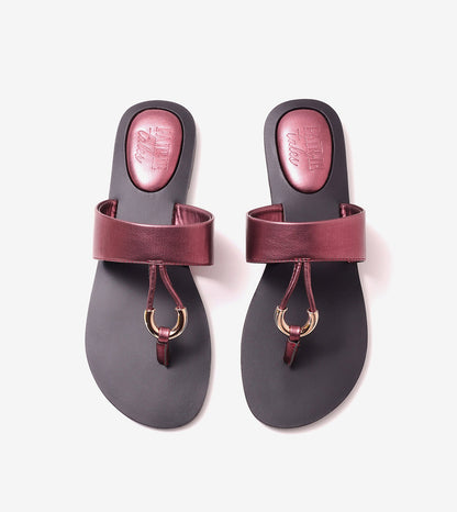 Color Block T-strap Flats - Metallic Maroon