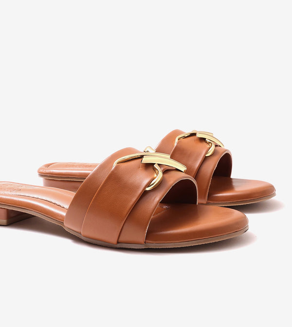 Slip-on Flats with Metallic Trim - Tan