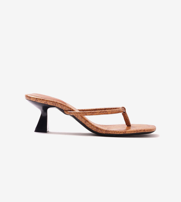Snake Print Slip On Kitten Heels - Tan