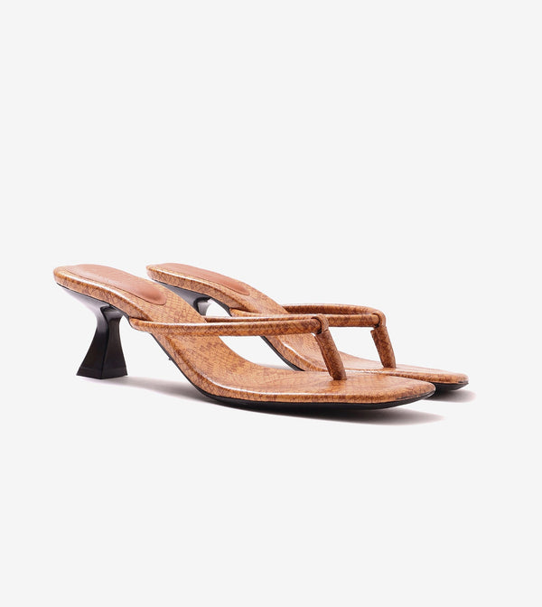 Snake Print Slip On Kitten Heels - Tan