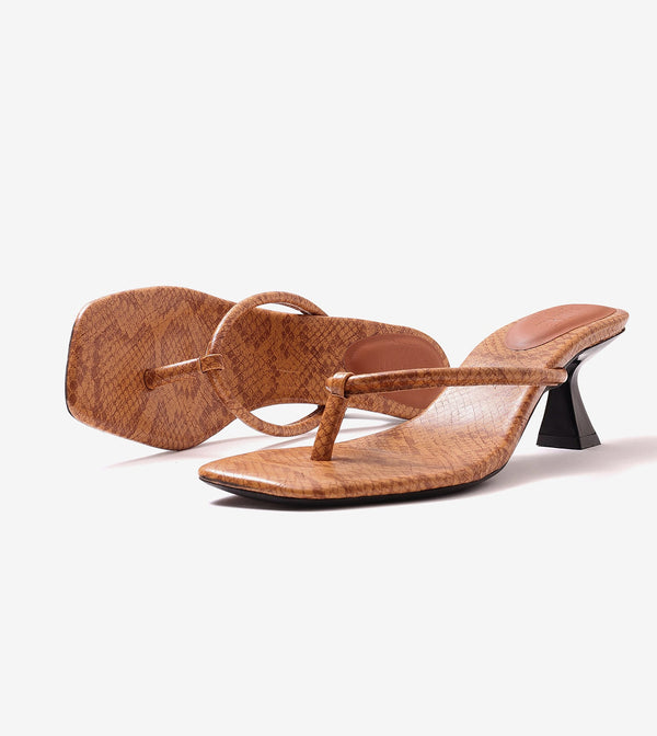 Snake Print Slip On Kitten Heels - Tan