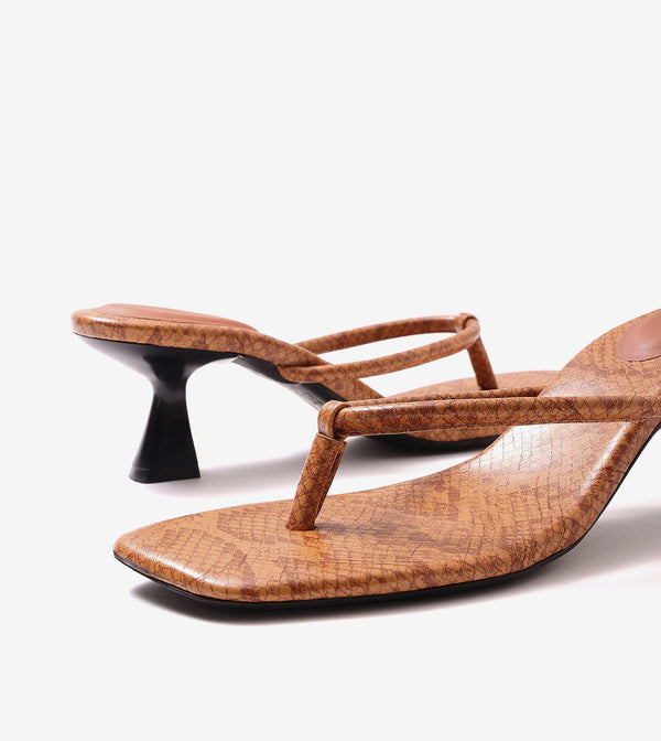 Snake Print Slip On Kitten Heels - Tan