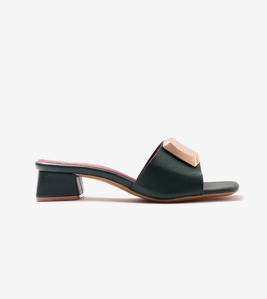 Embellished Detail Block Heels - Bottle Green