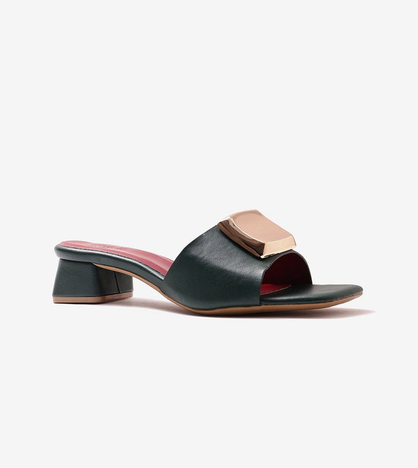 Embellished Detail Block Heels - Bottle Green