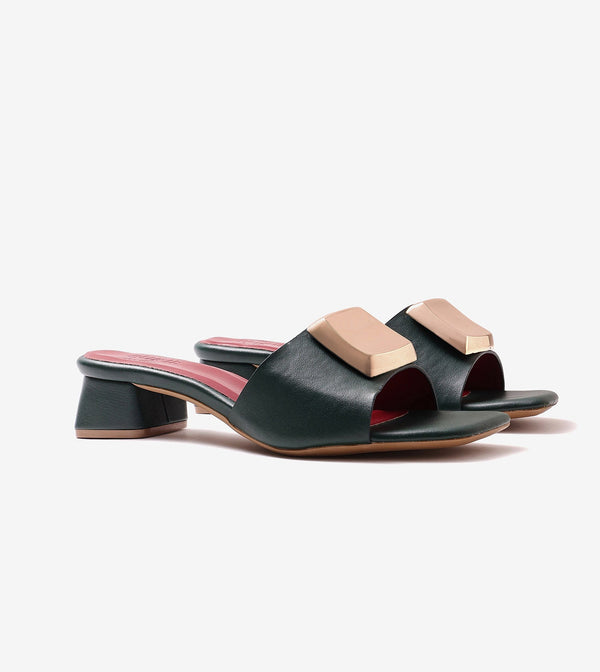 Embellished Detail Block Heels - Bottle Green