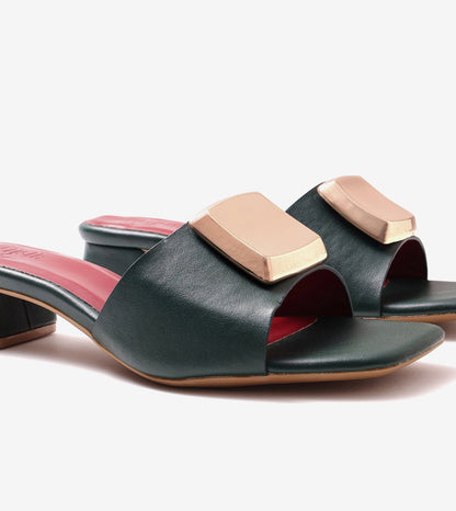 Embellished Detail Block Heels - Bottle Green