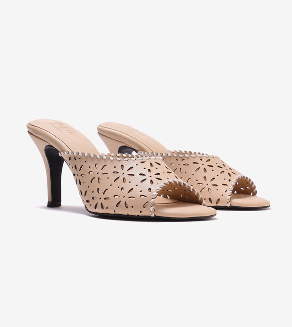 Laser Cutwork Stiletto Mules - Cream