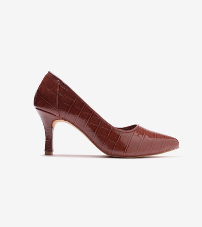 Patent Croc-Effect Print Pointed Toe Pumps - Brown