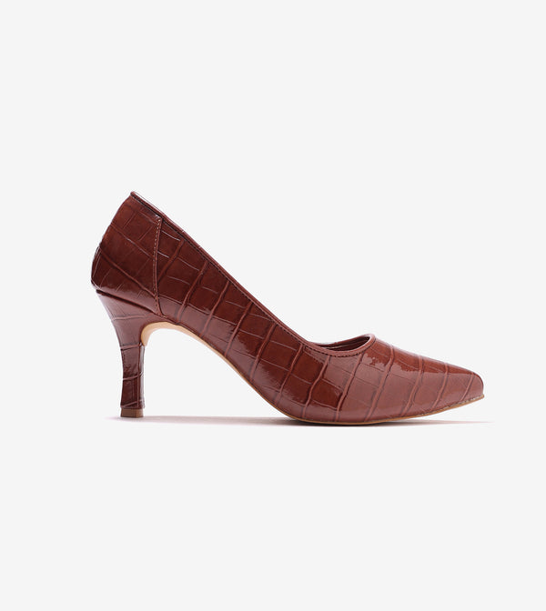 Patent Croc-Effect Print Pointed Toe Pumps - Brown