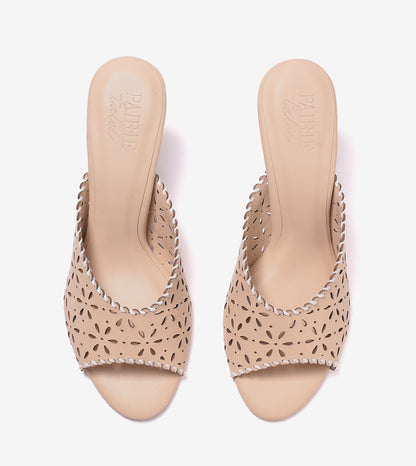 Laser Cutwork Stiletto Mules - Cream