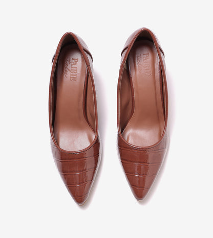 Patent Croc-Effect Print Pointed Toe Pumps - Brown