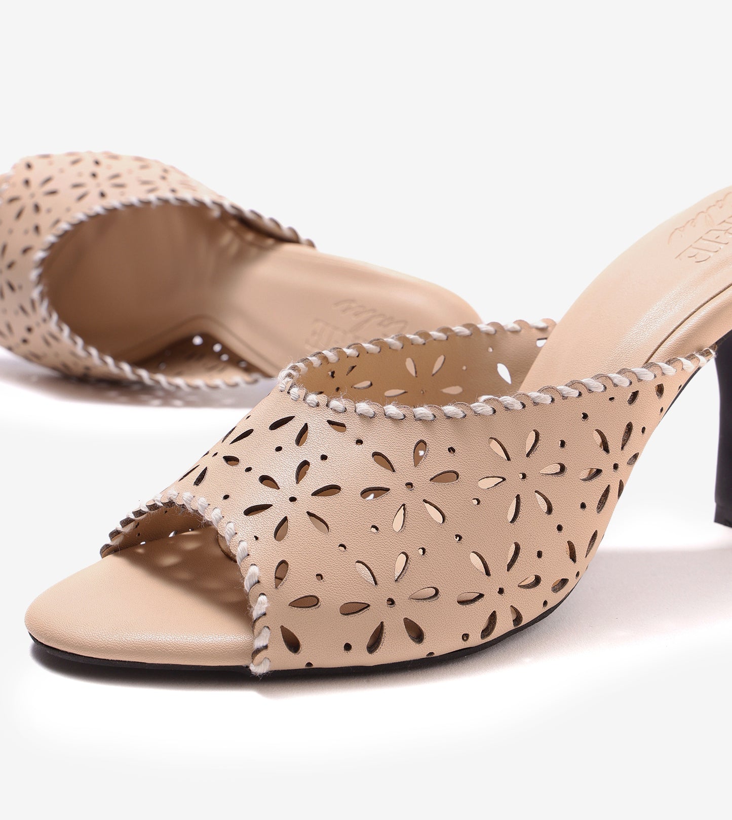 Laser Cutwork Stiletto Mules - Cream