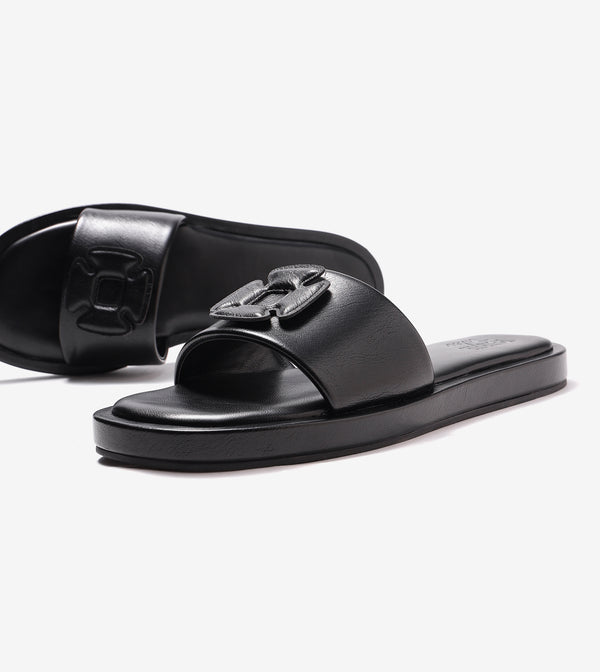 Flower Cutout Slide Sandals - Black