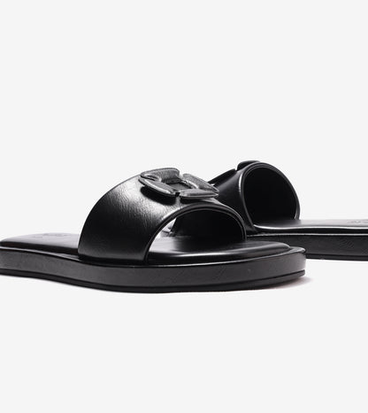 Flower Cutout Slide Sandals - Black
