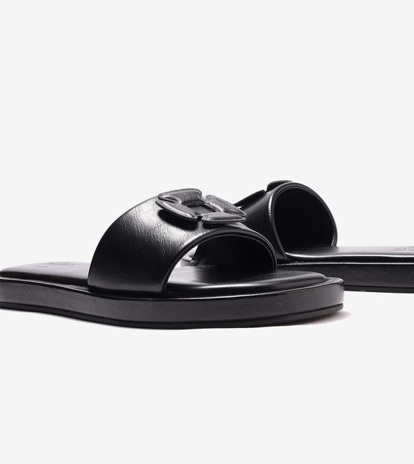 Flower Cutout Slide Sandals - Black