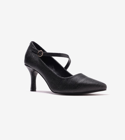 Asymmetric Textured Snake-Print Strappy Heeled Pumps - Black