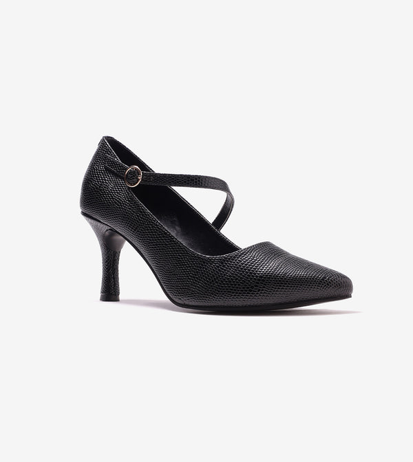 Asymmetric Textured Snake-Print Strappy Heeled Pumps - Black