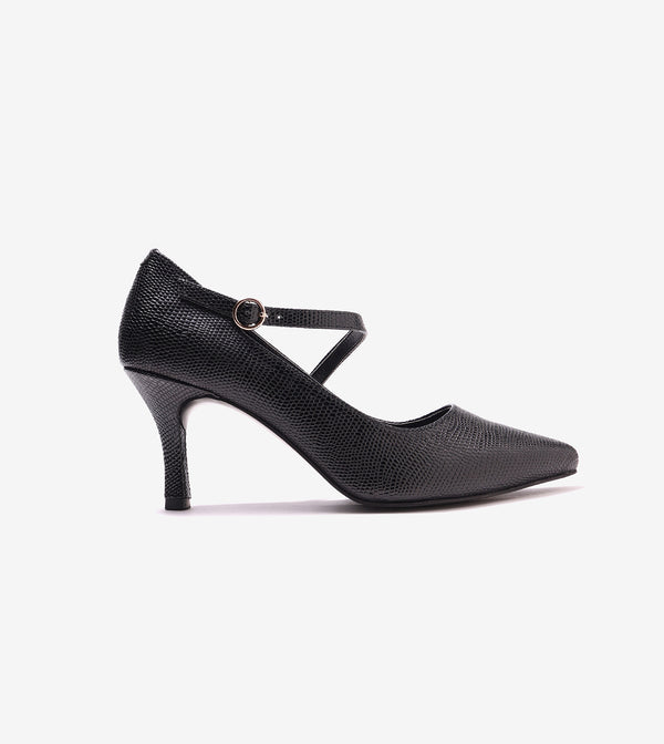 Asymmetric Textured Snake-Print Strappy Heeled Pumps - Black