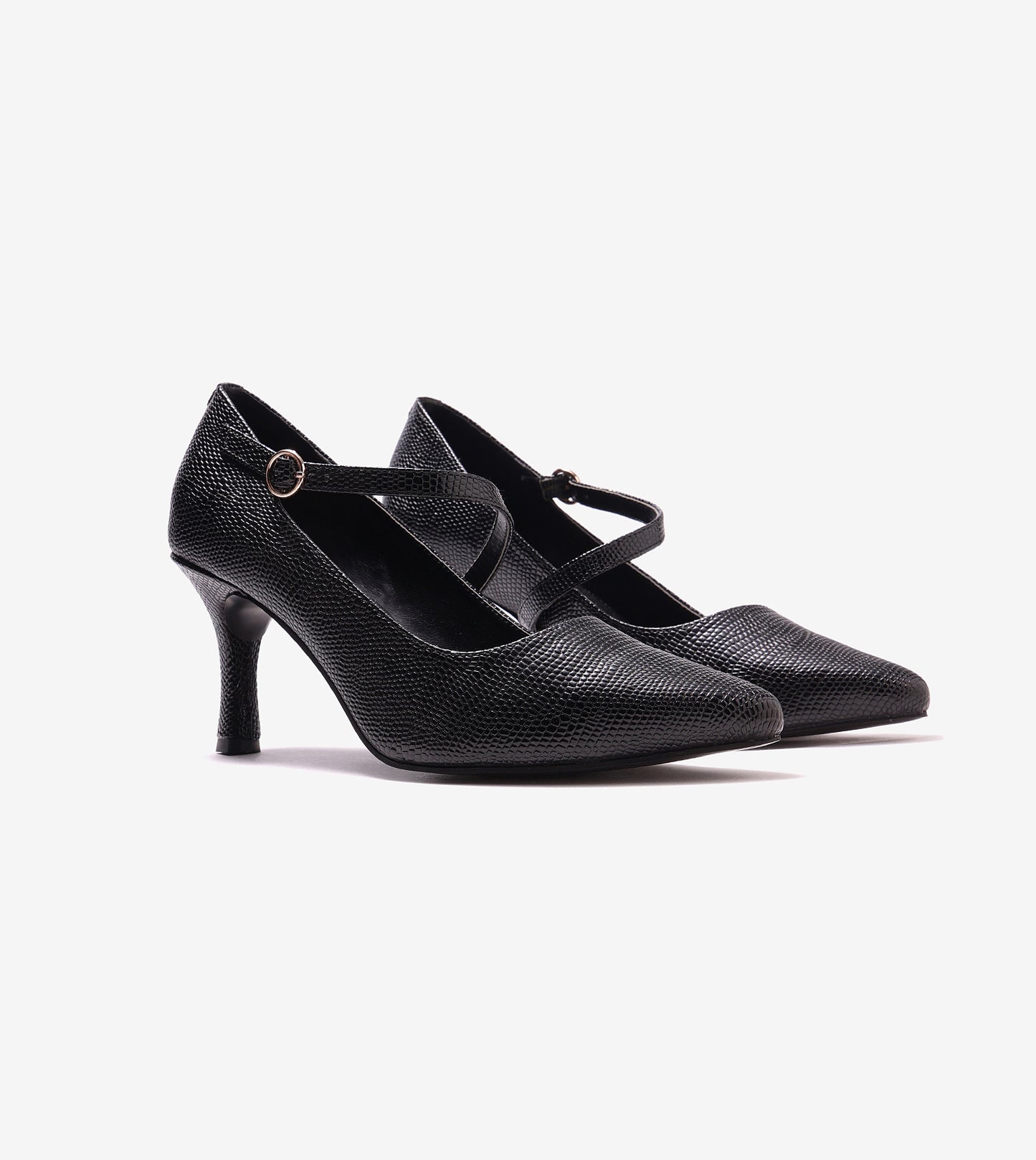 Asymmetric Textured Snake-Print Strappy Heeled Pumps - Black
