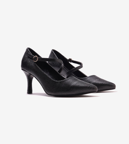 Asymmetric Textured Snake-Print Strappy Heeled Pumps - Black