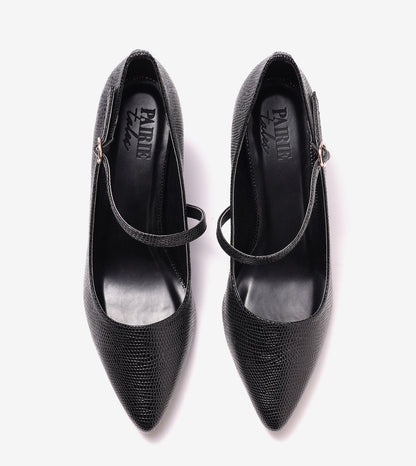 Asymmetric Textured Snake-Print Strappy Heeled Pumps - Black