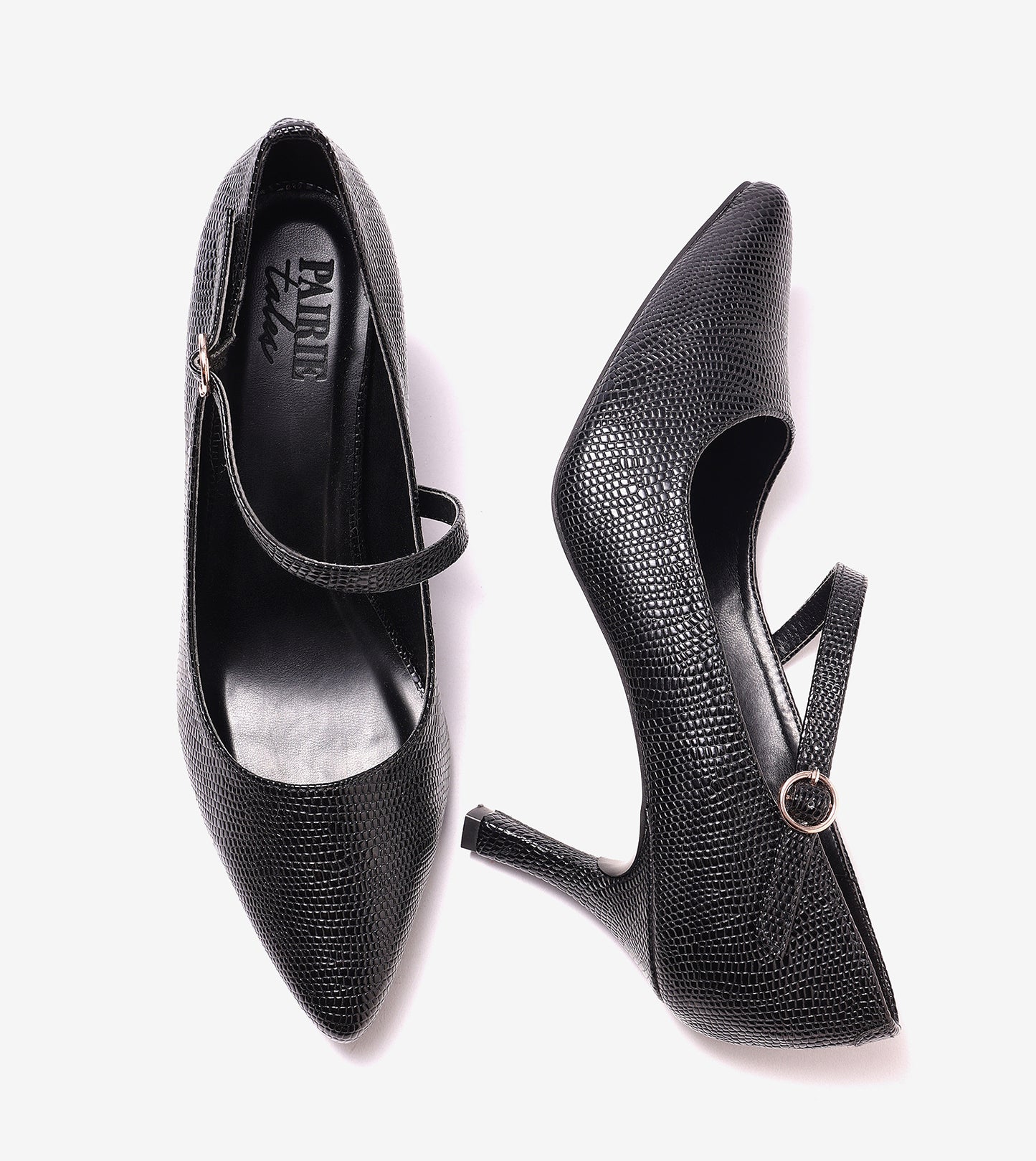 Asymmetric Textured Snake-Print Strappy Heeled Pumps - Black