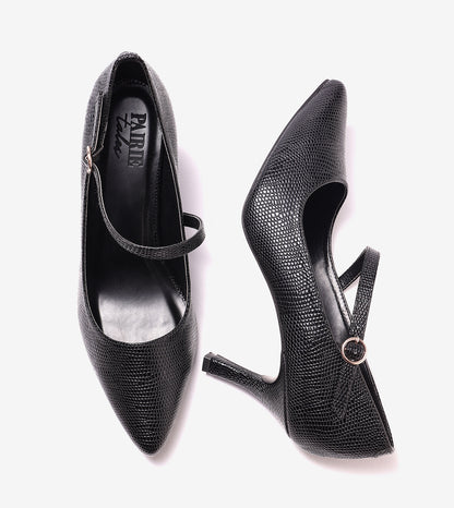 Asymmetric Textured Snake-Print Strappy Heeled Pumps - Black