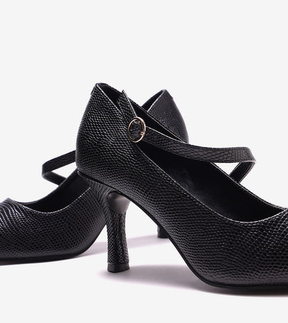 Asymmetric Textured Snake-Print Strappy Heeled Pumps - Black
