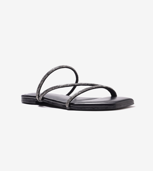 Satin Crystal - Embellished Strappy Sandals - Black
