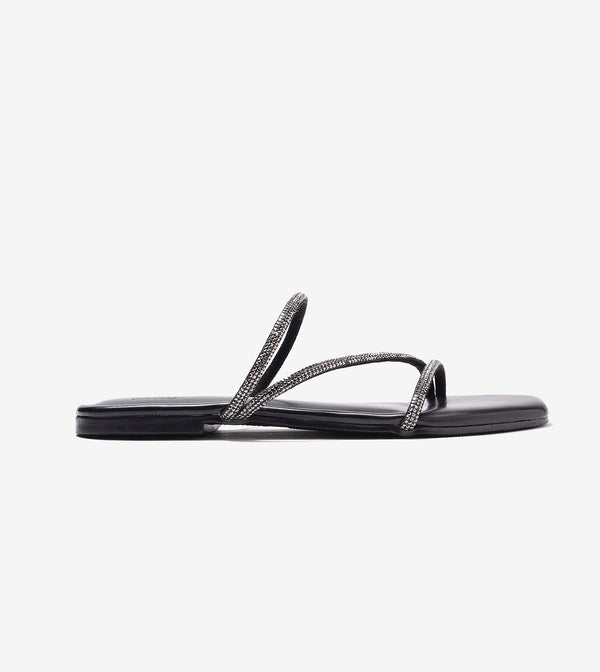 Satin Crystal - Embellished Strappy Sandals - Black