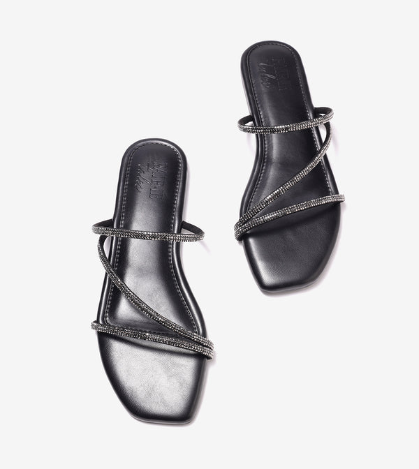 Satin Crystal - Embellished Strappy Sandals - Black