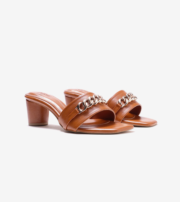 Chain Link Heeled Mules - Tan