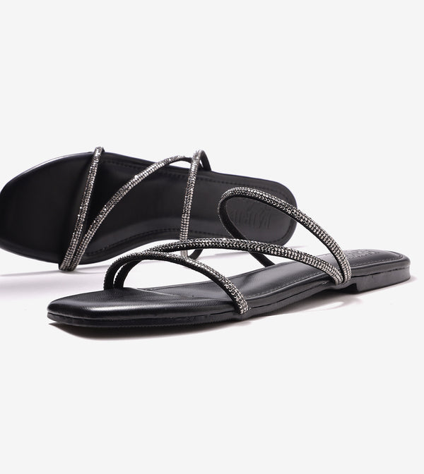 Satin Crystal - Embellished Strappy Sandals - Black