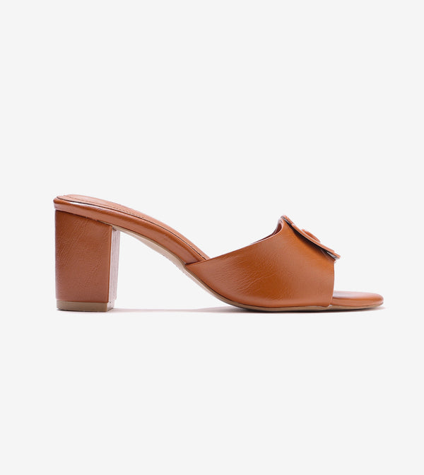 Floral Metallic Adornment Block Heeled Sandals - Tan