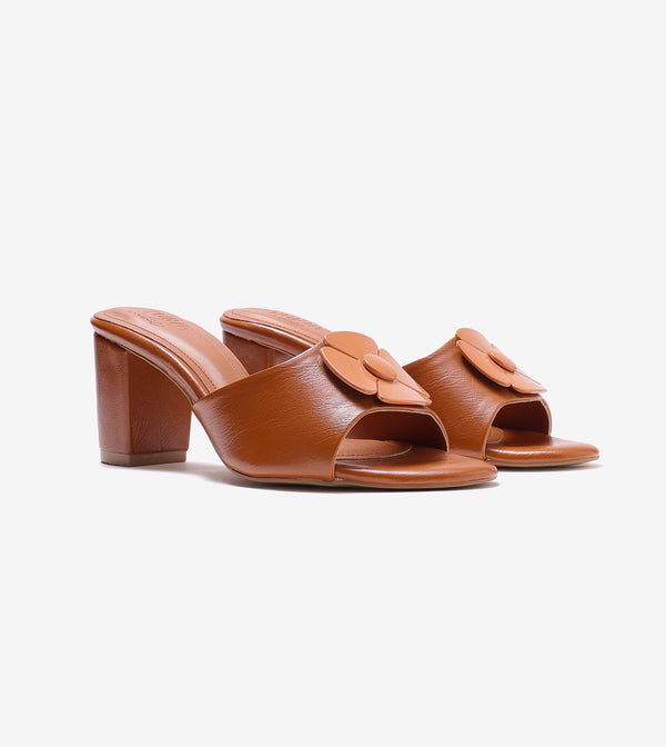 Floral Metallic Adornment Block Heeled Sandals - Tan