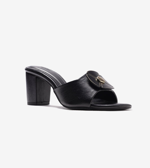 Floral Metallic Adornment Block Heeled Sandals - Black